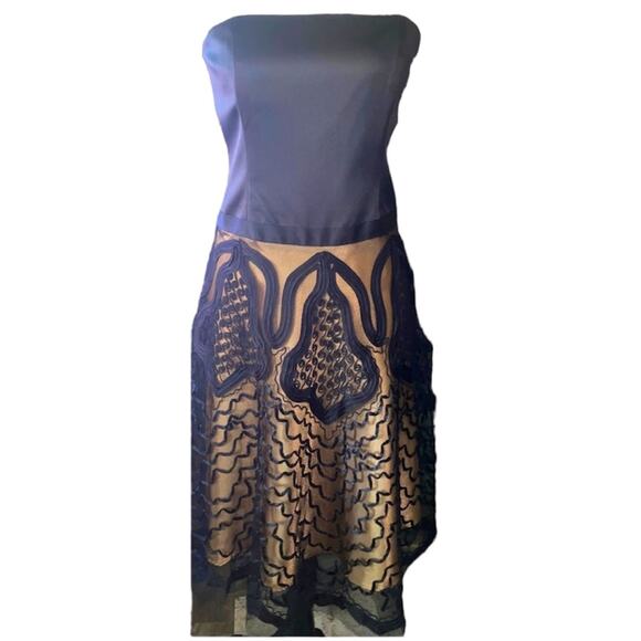 Laundry Shelli Segal Sz 6 Black bodice Silky gold skirt black lace overlay party - Picture 1 of 9
